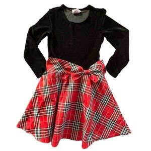 BONNIE JEAN Big Girls Size 8 Velvet Black/Red Plaid Special Occasion Dress EUC